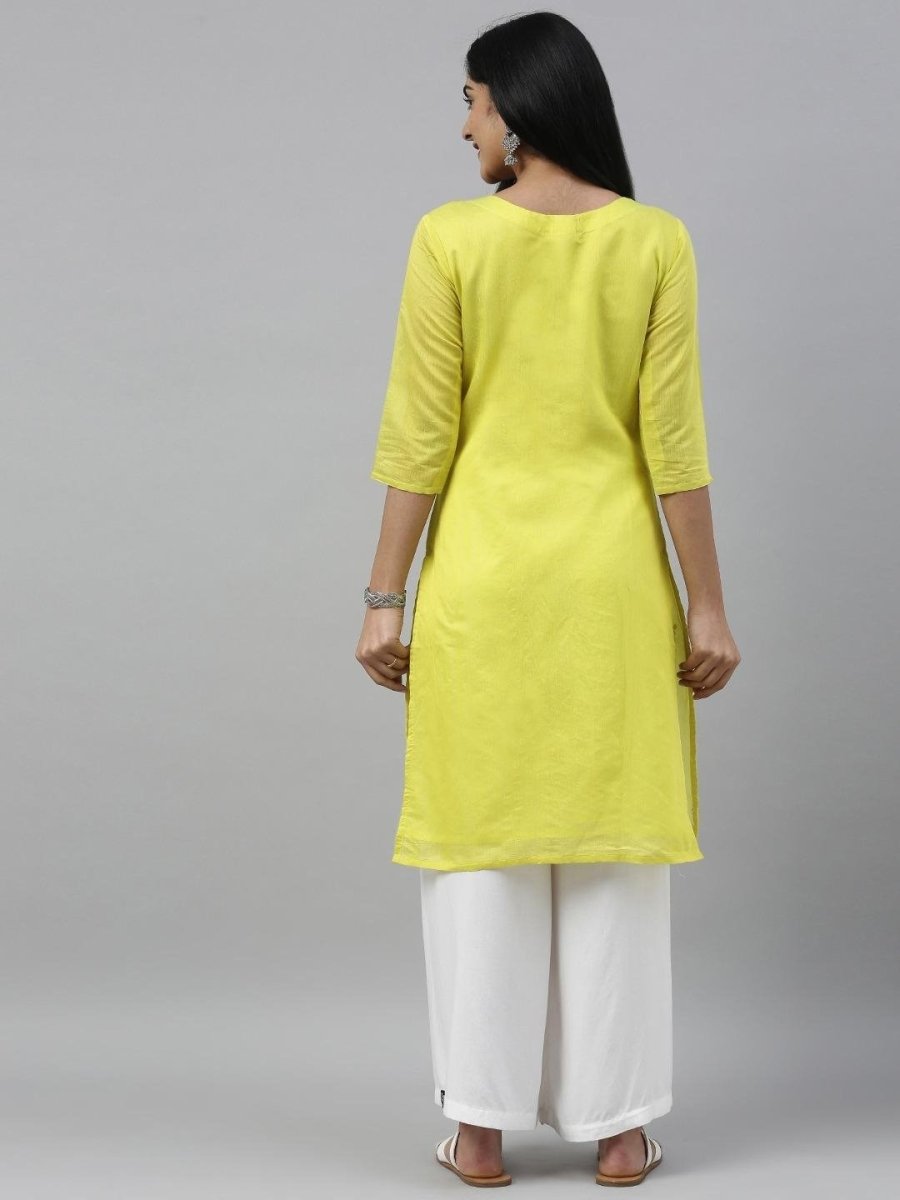 Women Yellow Embroidered Straight Kurta - Inddus.com