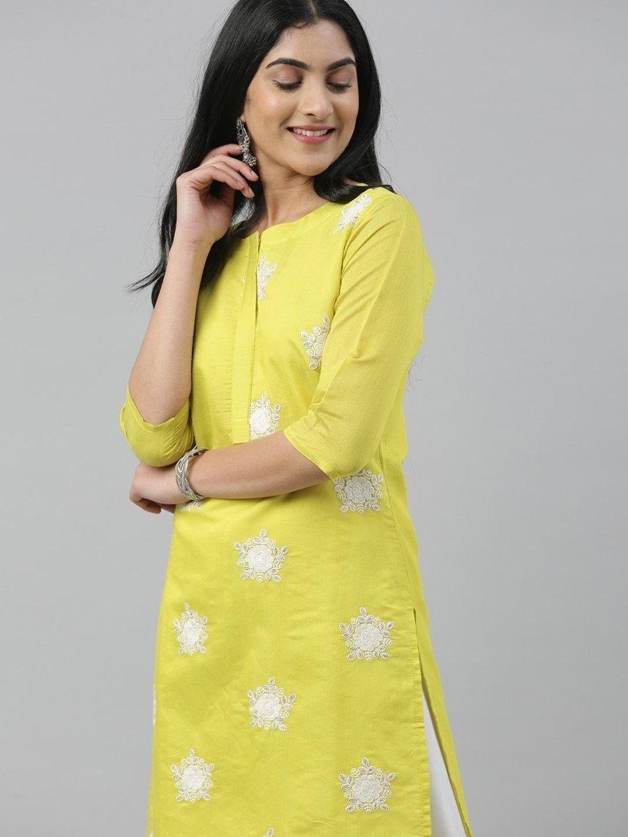 Women Yellow Embroidered Straight Kurta - Inddus.com