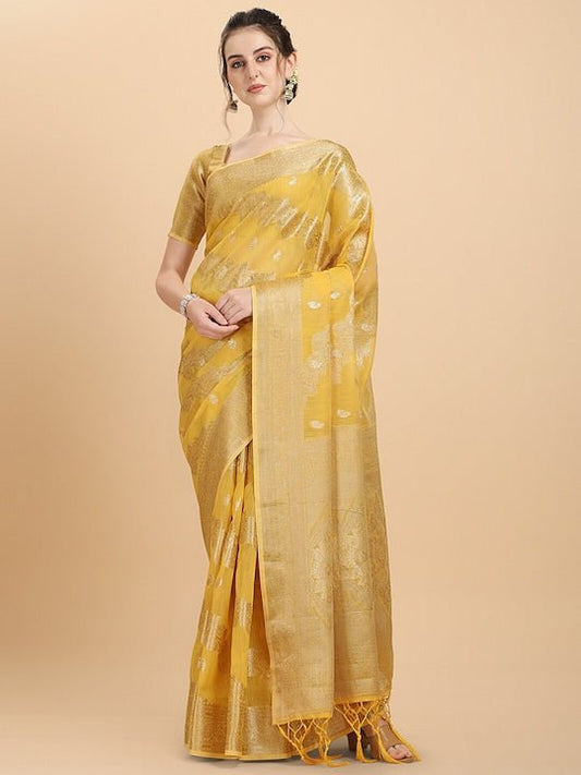 Women Yellow Ethnic Motifs Woven Design Saree with Blouse Piece