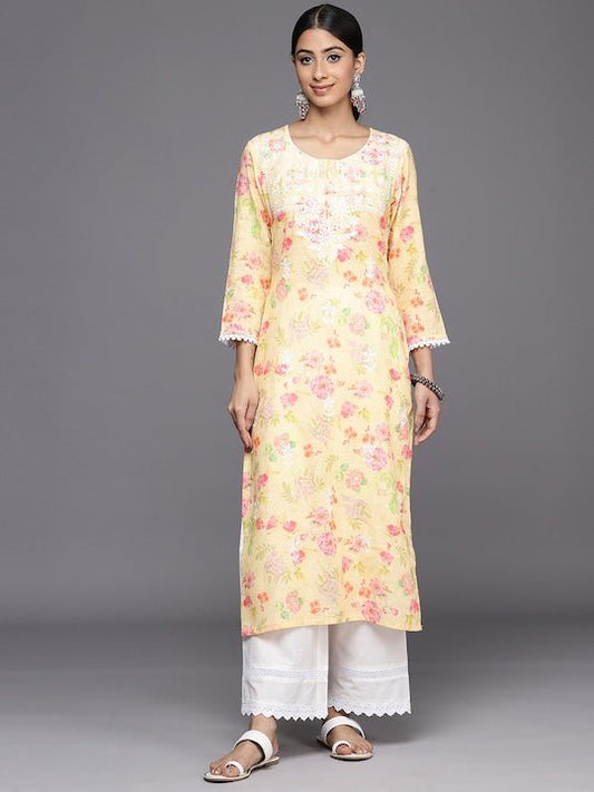 Women Yellow Floral Printed Regular Chikankari Kurta with Palazzos - Inddus.com