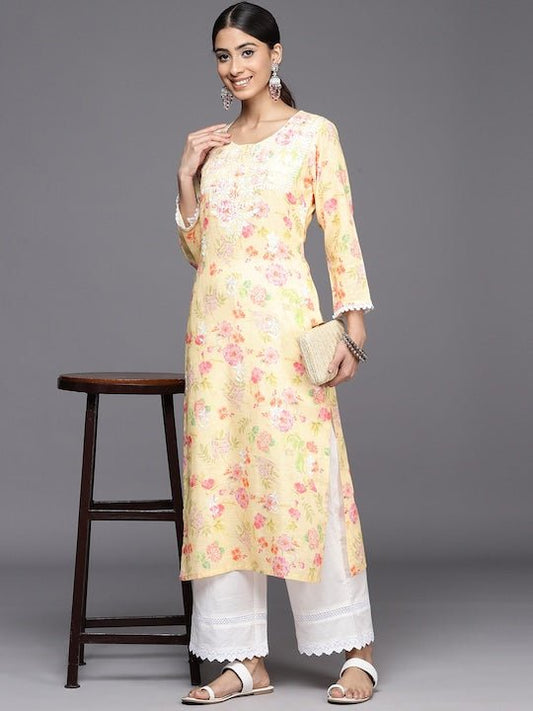 Women Yellow Floral Printed Regular Chikankari Kurta with Palazzos - Inddus.com