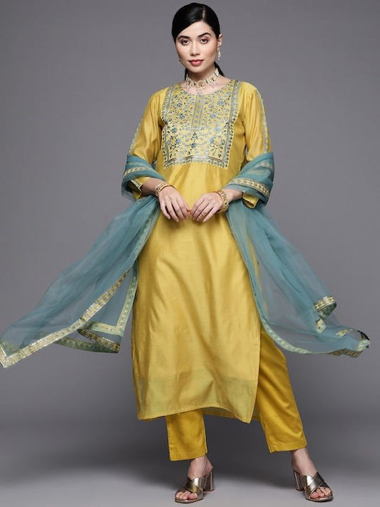 Women Yellow Floral Yoke Design Thread Work Chanderi Cotton Kurta with Trousers & With Dupatta - Inddus.com