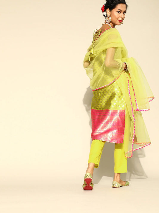 Women Yellow & Pink Silk Blend Ethnic Motifs Woven Kurta with Trousers & Dupatta - Inddus.com