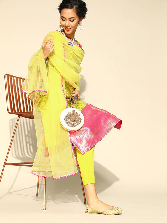 Women Yellow & Pink Silk Blend Ethnic Motifs Woven Kurta with Trousers & Dupatta - Inddus.com