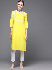 Women Yellow Yoke Design Keyhole Neck Kurta - Inddus.com