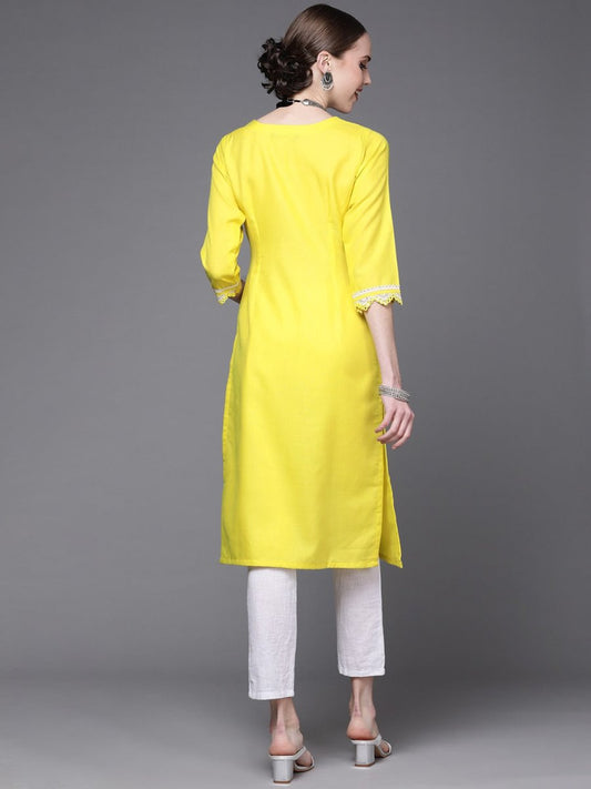 Women Yellow Yoke Design Keyhole Neck Kurta - Inddus.com