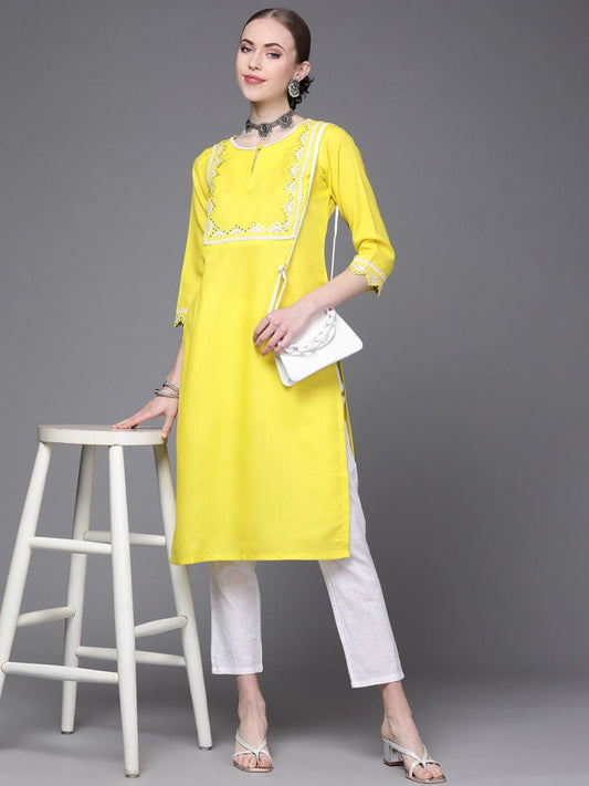 Women Yellow Yoke Design Keyhole Neck Kurta - Inddus.com