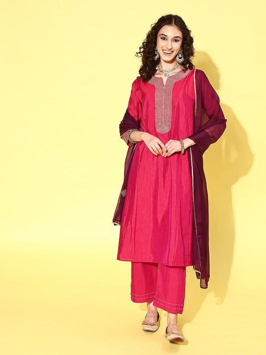 Women Yoke Design Regular Kurta with Trousers & With Dupatta - Inddus.com