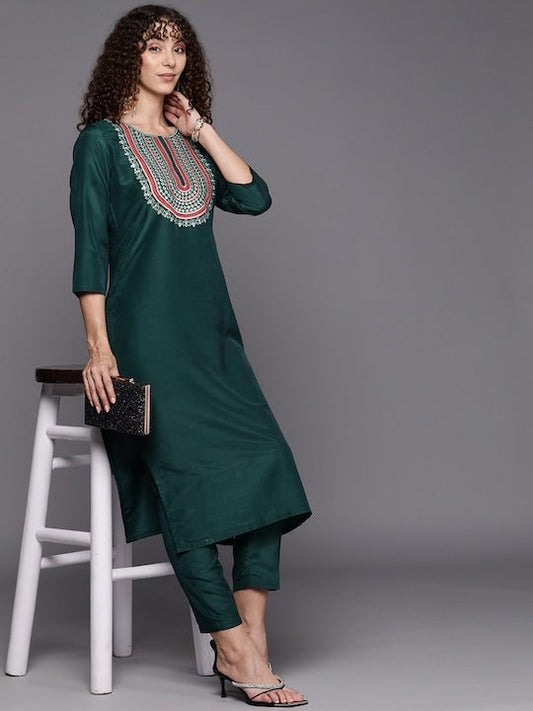 Women Yoke Design Sequinned Kurta with Trousers - Inddus.com