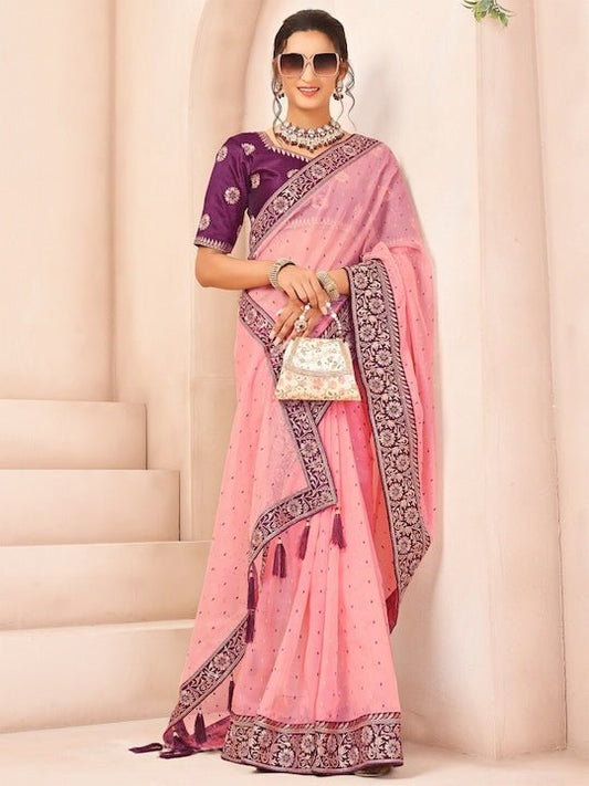 Woven Design Embroidered Organza Saree