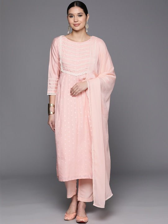 Woven Design Lace Detailing Kurta With Trouser & Dupatta - Inddus.com