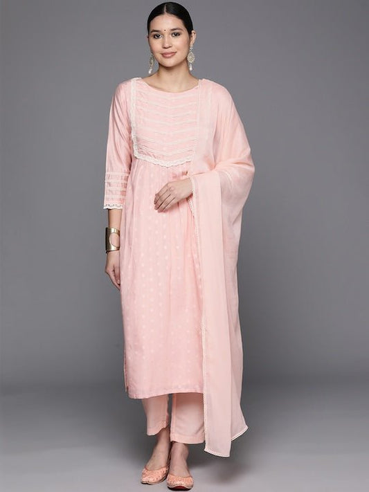 Woven Design Lace Detailing Kurta With Trouser & Dupatta - Inddus.com