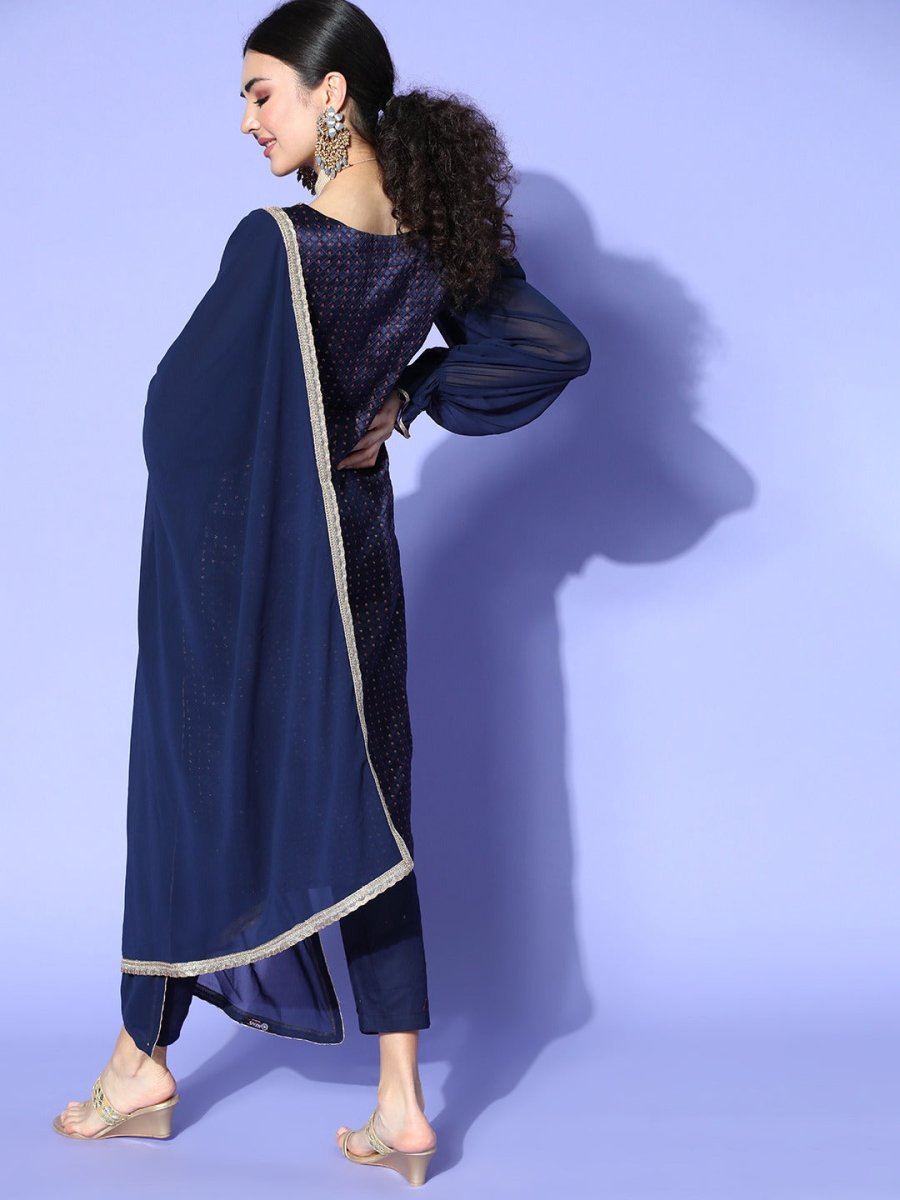 Woven Design Silk Blend New Neckline Kurta Set - Inddus.com