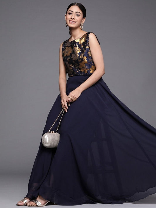 Woven Navy Blue Georgette Partywear Gown Dress - inddus-us