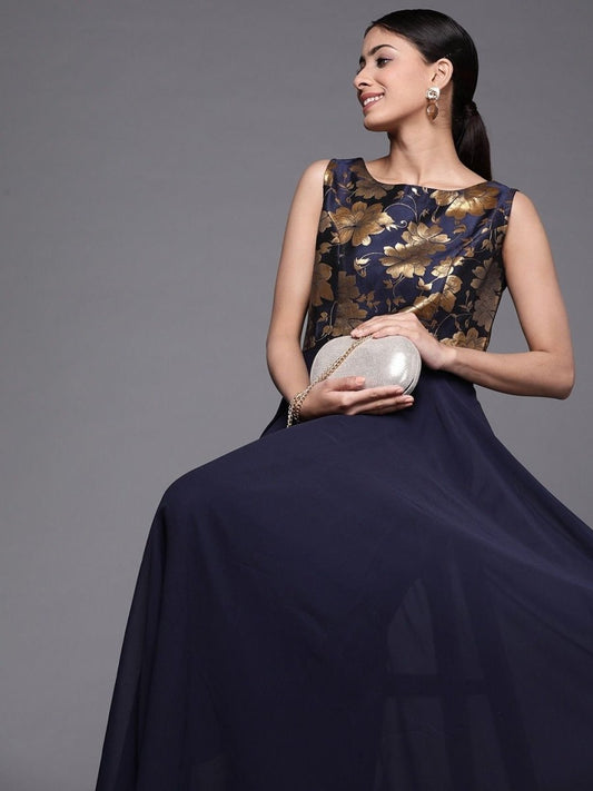 Woven Navy Blue Georgette Partywear Gown Dress - inddus-us