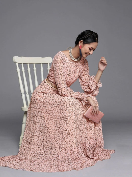 Woven Pink Georgette Partywear Maxi Dress - inddus-us