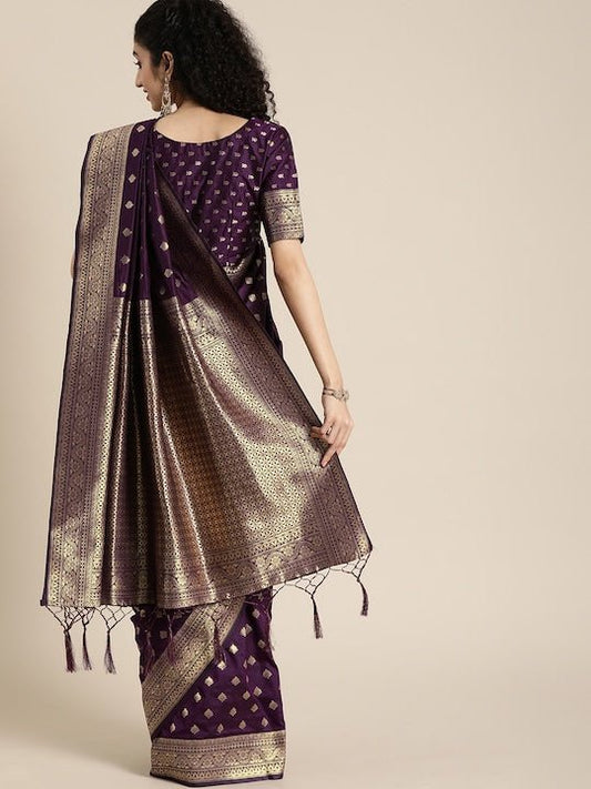 Woven Purple Silk Blend Banarasi Saree - Inddus.com