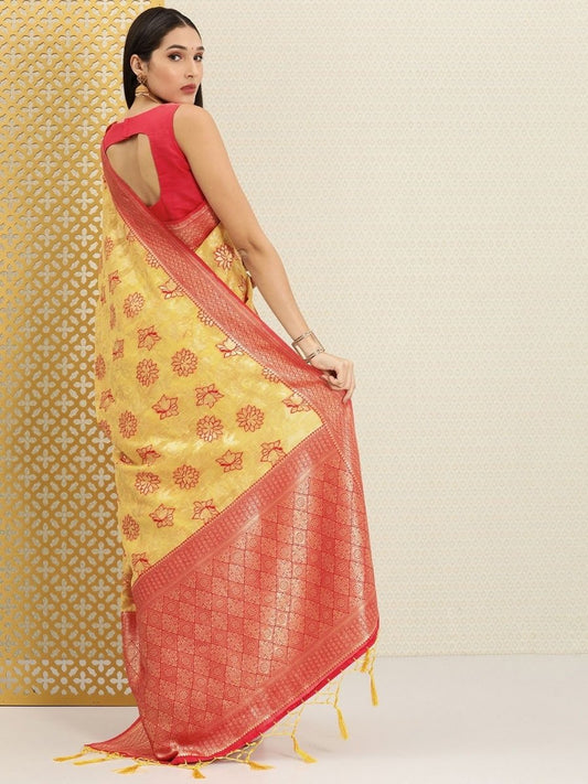 Yellow and Red Floral Zari Woven Saree - Inddus.com