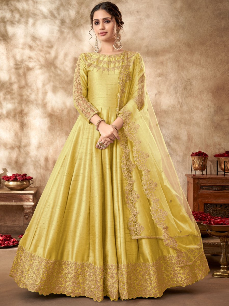 Yellow Art Silk Festive Wear Anarkali Suit - Inddus.com