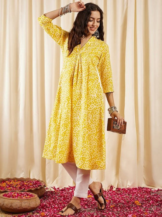 Yellow Batik Printed V-Neck A-Line Kurta - Inddus.com