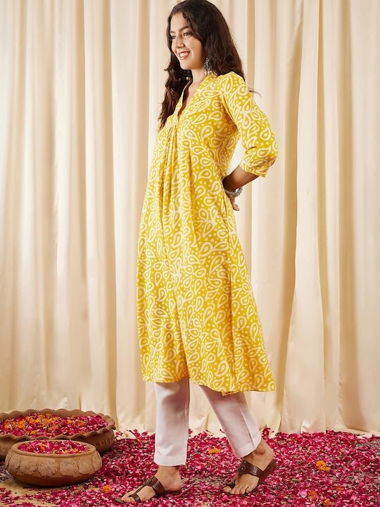 Yellow Batik Printed V-Neck A-Line Kurta - Inddus.com