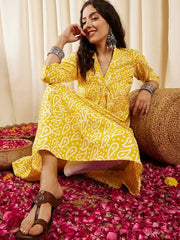 Yellow Batik Printed V-Neck A-Line Kurta - Inddus.com