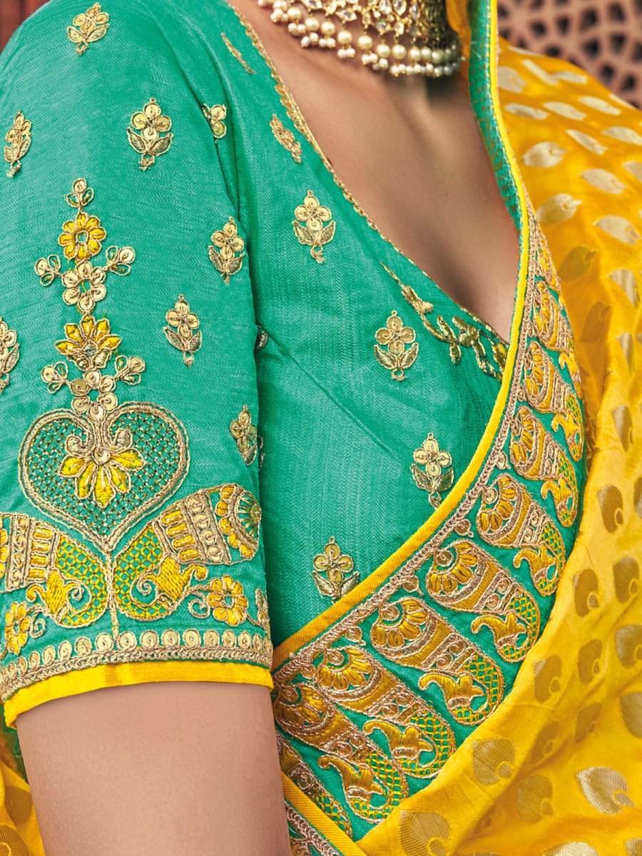 Yellow Dola Silk Embroiderd Saree - Inddus.com