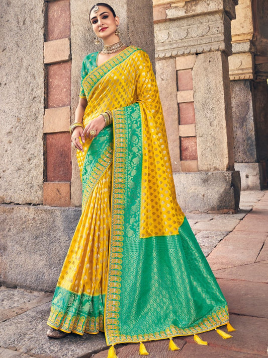 Yellow Dola Silk Embroiderd Saree - Inddus.com