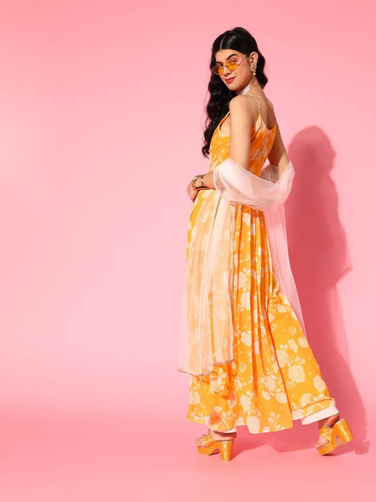 Yellow Floral Printed Georgette Kurta with Net Dupatta - Inddus.com