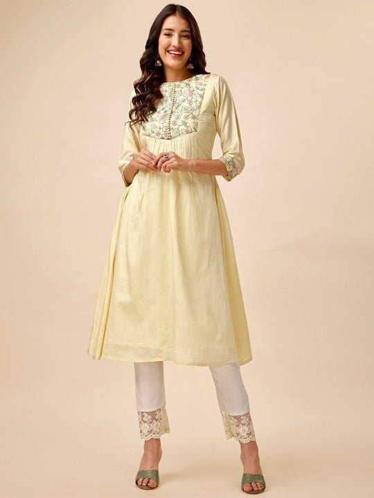 Yellow Floral Thread Work Pleated A-line Kurta - Inddus.com