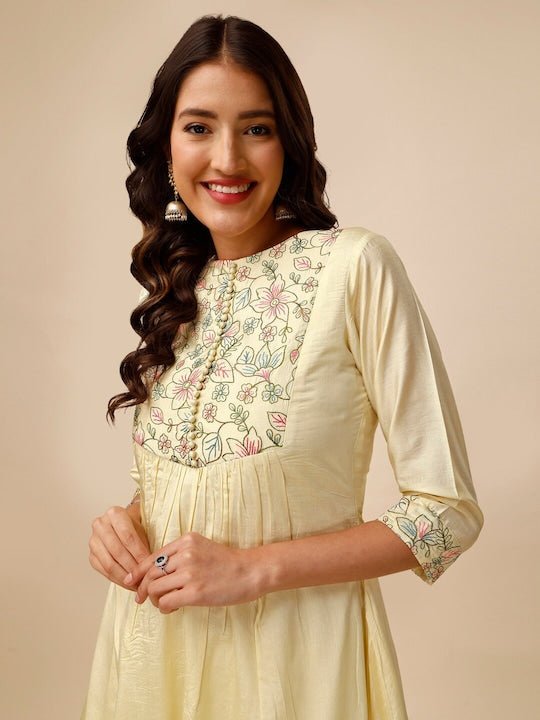 Yellow Floral Thread Work Pleated A-line Kurta - Inddus.com