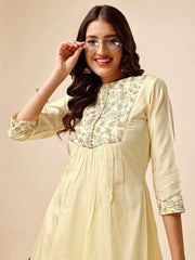 Yellow Floral Thread Work Pleated A-line Kurta - Inddus.com