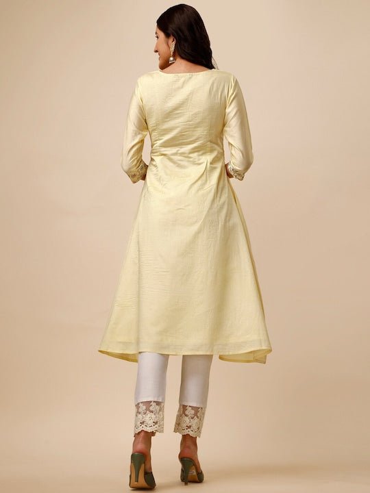 Yellow Floral Thread Work Pleated A-line Kurta - Inddus.com