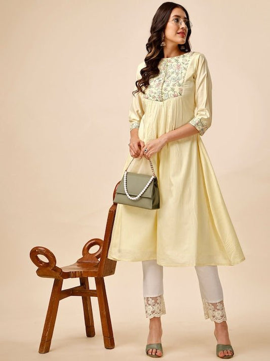 Yellow Floral Thread Work Pleated A-line Kurta - Inddus.com