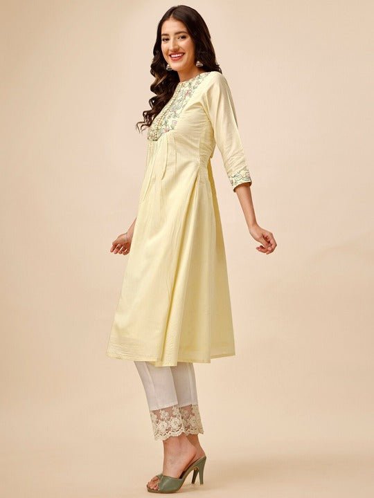 Yellow Floral Thread Work Pleated A-line Kurta - Inddus.com