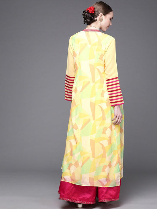 Yellow Georgette Embroidered Gown with Jacket - Inddus.com