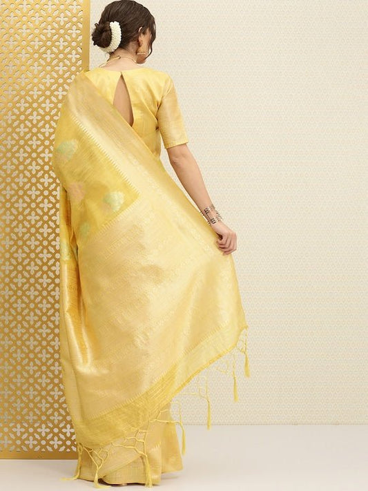 Yellow & Gold-Toned Floral Jaal Woven Zari Saree - Inddus.com