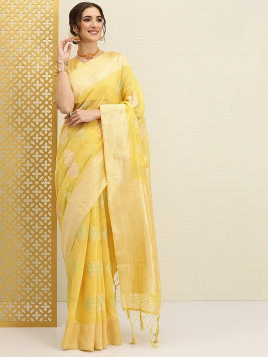 Yellow & Gold-Toned Floral Jaal Woven Zari Saree - Inddus.com