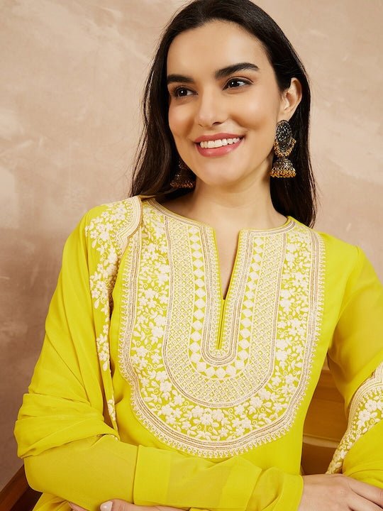 Yellow & Gold Toned Yoke Design Embroidered Straight Kurta With Sharara & Dupatta - Inddus.com