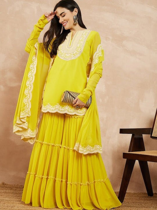 Yellow & Gold Toned Yoke Design Embroidered Straight Kurta With Sharara & Dupatta - Inddus.com