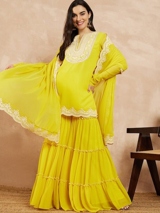 Yellow & Gold Toned Yoke Design Embroidered Straight Kurta With Sharara & Dupatta - Inddus.com