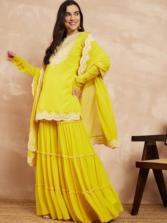 Yellow & Gold Toned Yoke Design Embroidered Straight Kurta With Sharara & Dupatta - Inddus.com