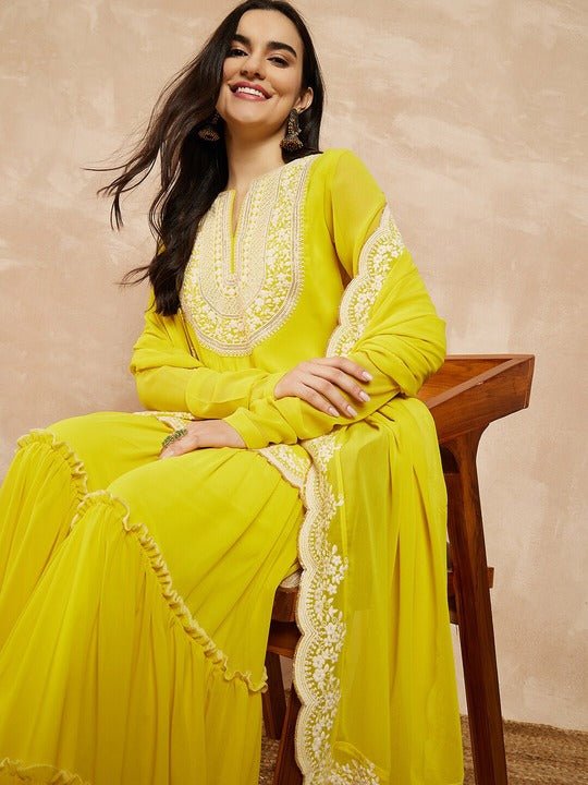 Yellow & Gold Toned Yoke Design Embroidered Straight Kurta With Sharara & Dupatta - Inddus.com