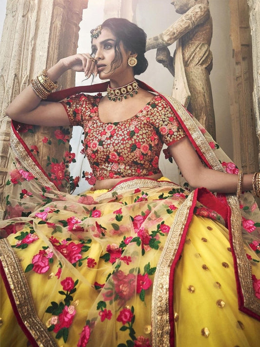 Yellow Net Embroidered Partywear Lehenga Choli - inddus-us