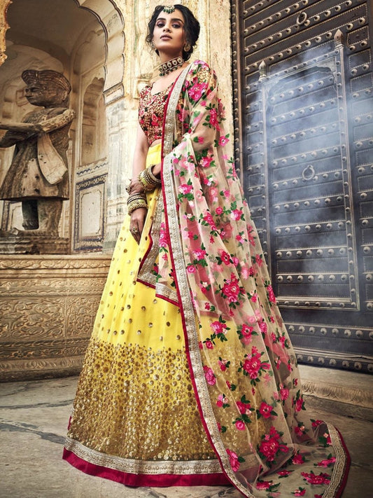 Yellow Net Embroidered Partywear Lehenga Choli - inddus-us