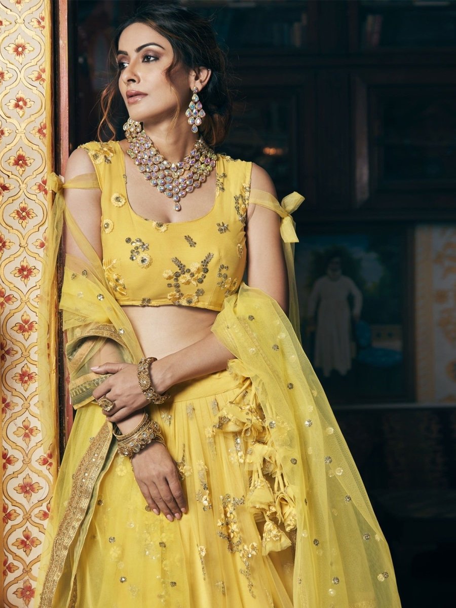 Yellow Net Heavy Embroidered Lehenga Choli - inddus-us