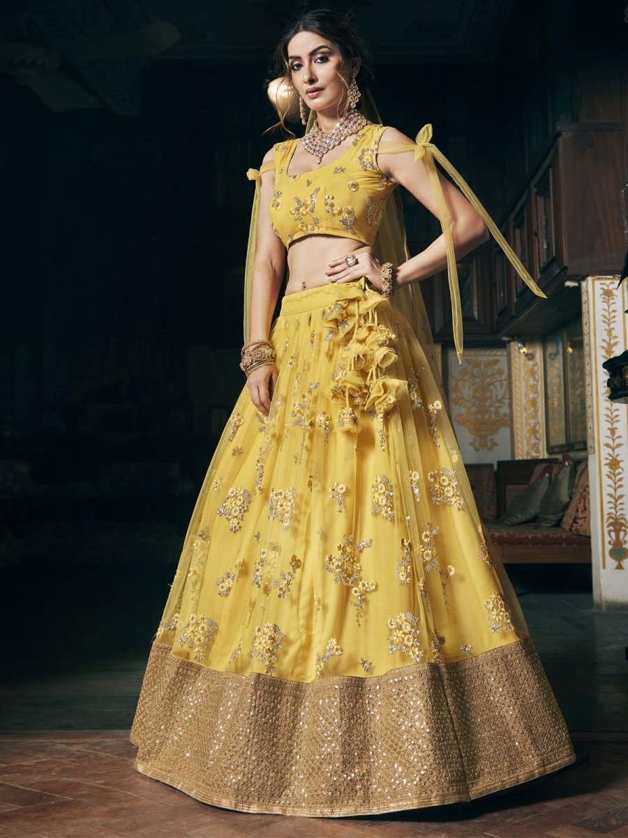 Yellow Net Heavy Embroidered Lehenga Choli - inddus-us