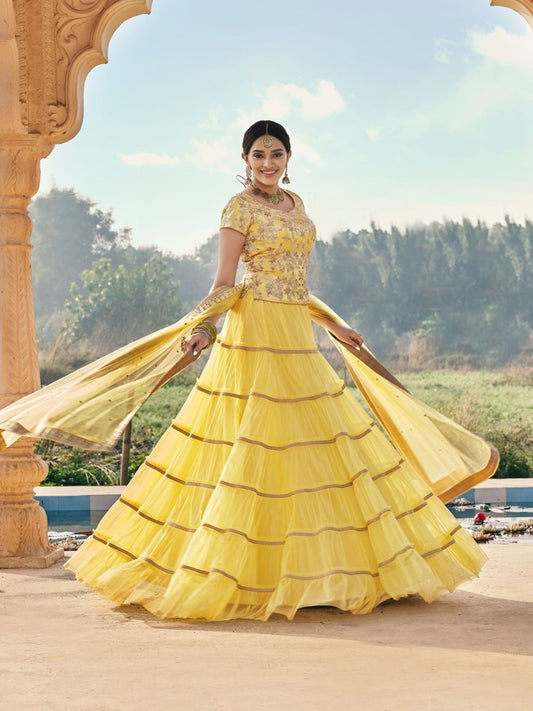 Yellow Net Partywear Lehenga Choli - Inddus.com