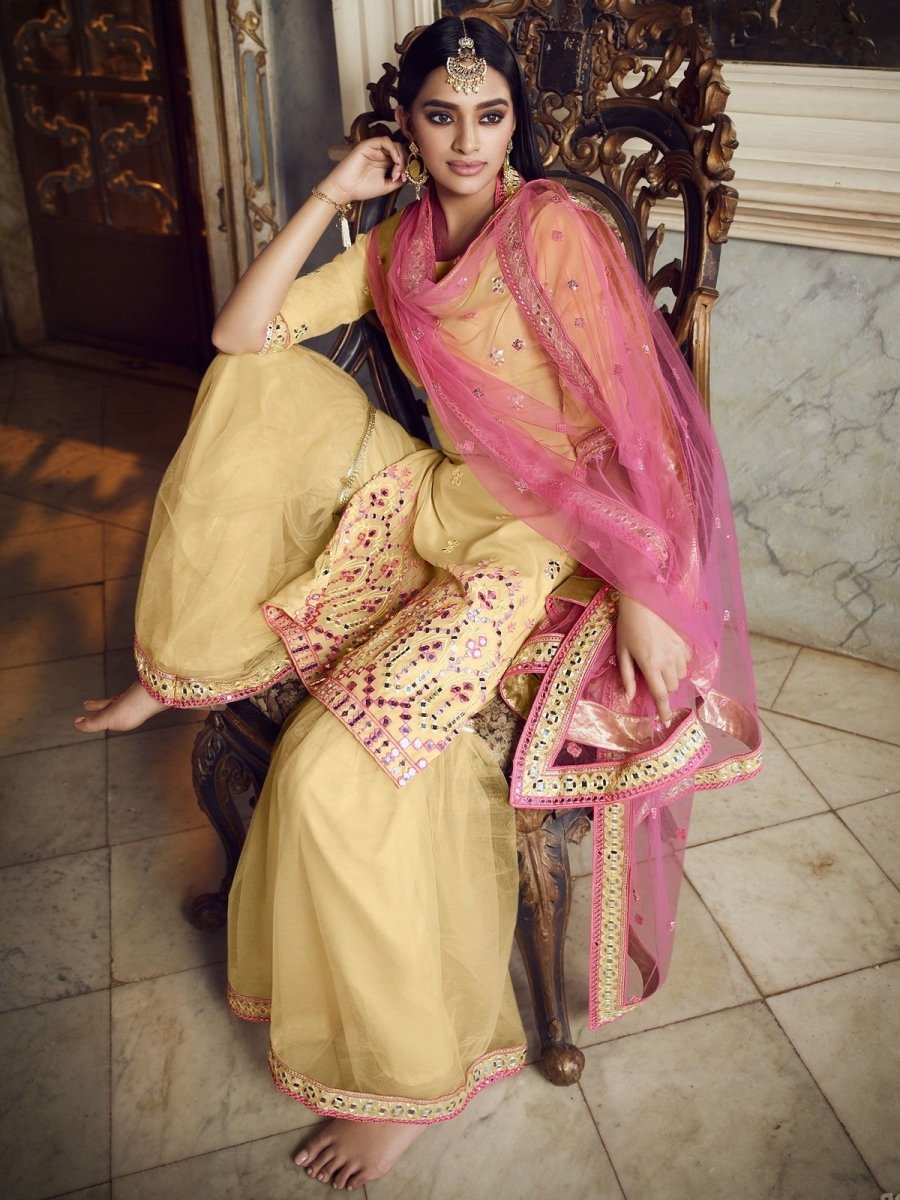 Yellow Organza Partywear Sharara Suit - inddus-us