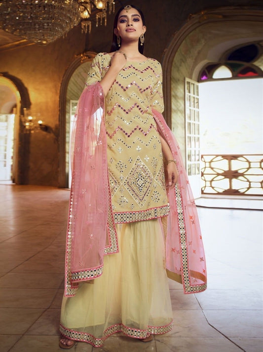 Yellow Organza Partywear Sharara Suit - inddus-us